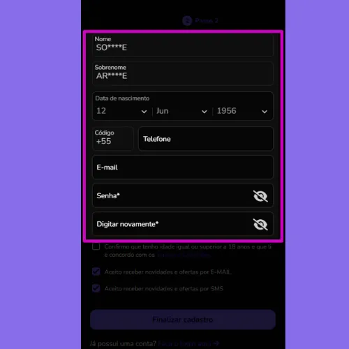 Preencha seus dados no Betsul