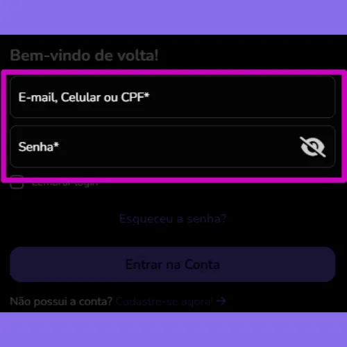 Preencha seus dados de login no Betsu